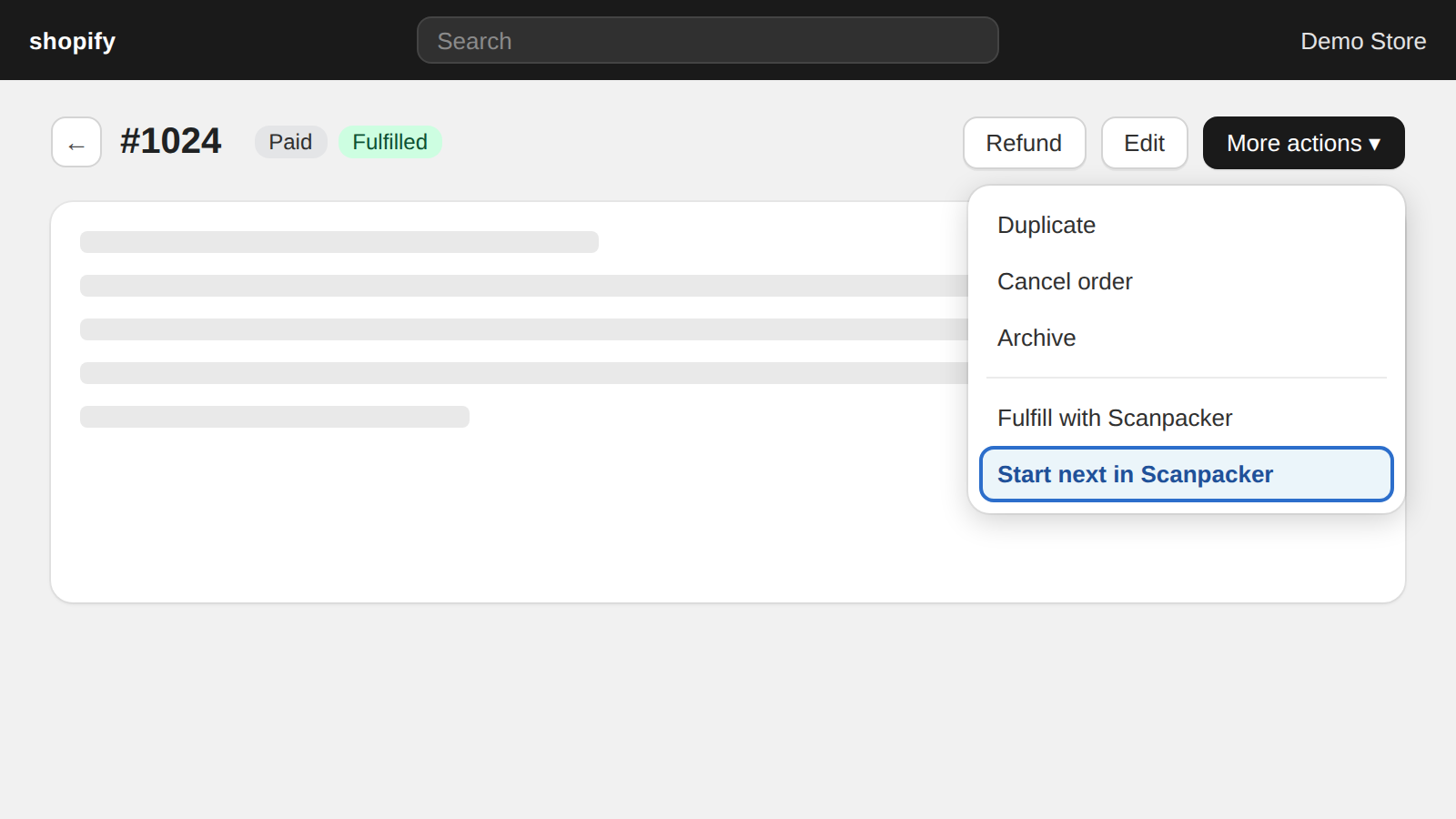 The More actions menu on a Shopify order showing "Start next in Scanpacker"
