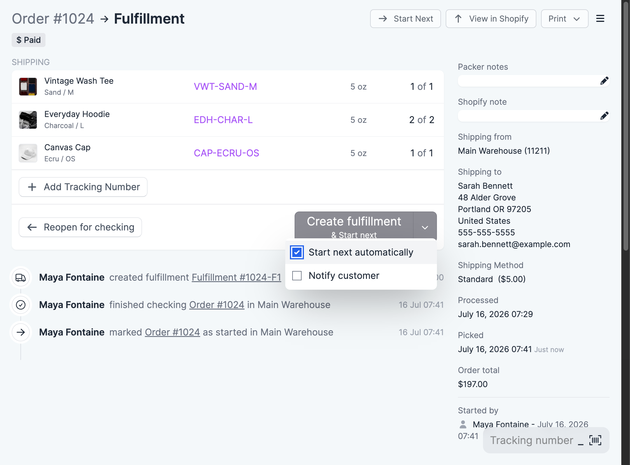 Create fulfillment button dropdown with "Start next automatically" checked