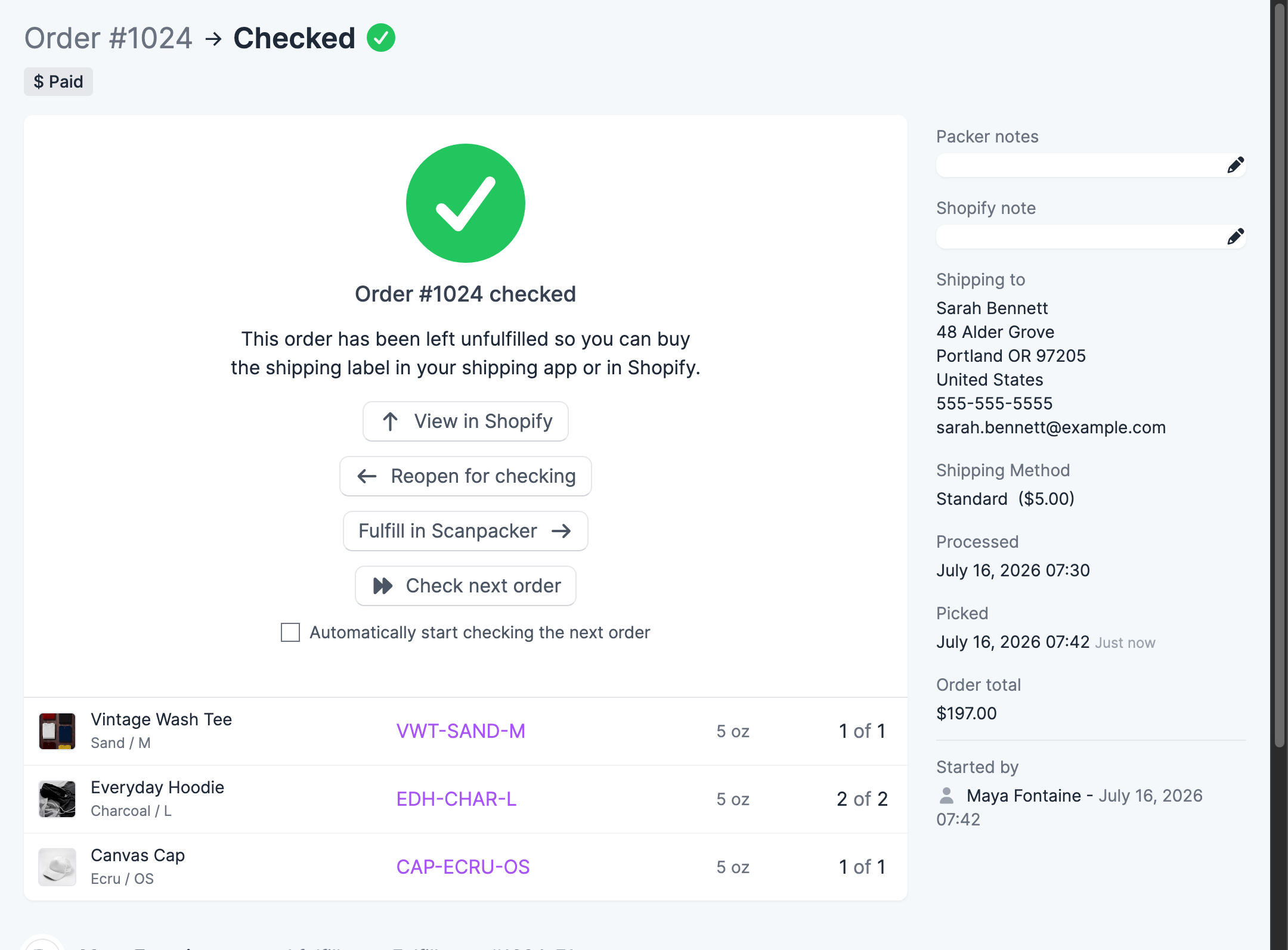 The Checked screen in check-only mode, with next-step buttons and the "Automatically start checking the next order" checkbox