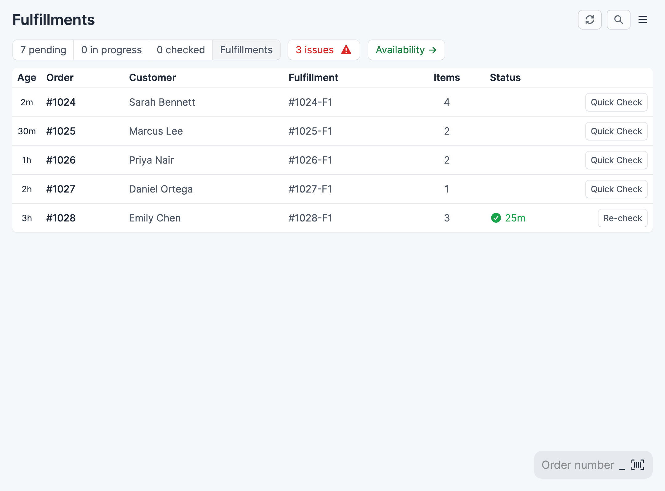 The Fulfillments tab listing recent fulfillments with Quick Check buttons, one already checked and showing a Re-check button