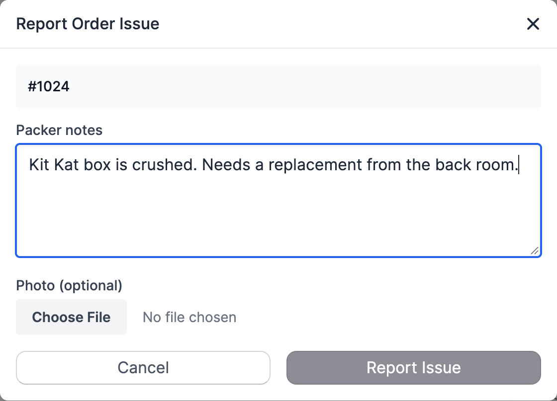 The Report Order Issue dialog, with a packer note and the photo field
