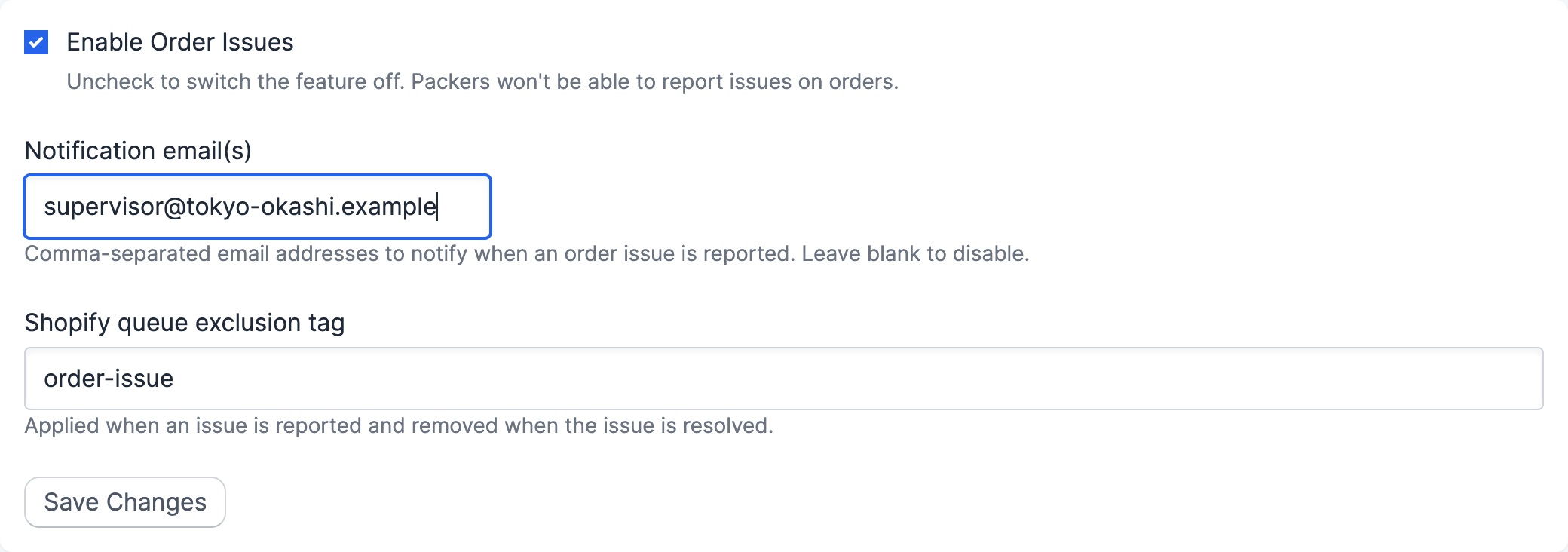 The Order Issues settings, with Enable Order Issues, Notification email(s) and Shopify queue exclusion tag
