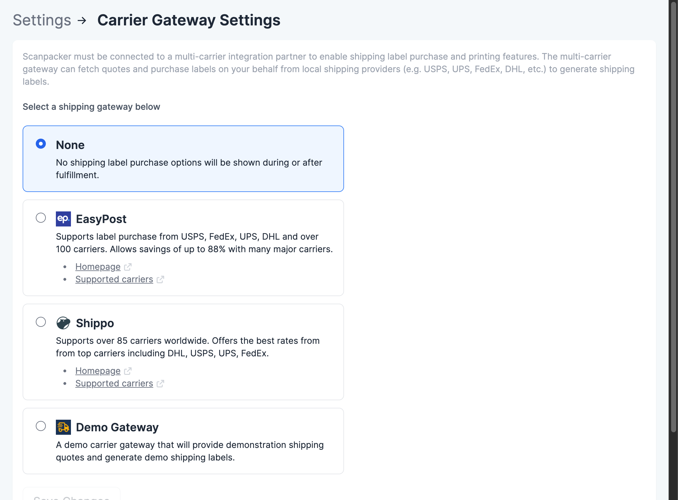 The Carrier Gateway settings page with the shipping gateway options (None, EasyPost, Shippo, Demo)