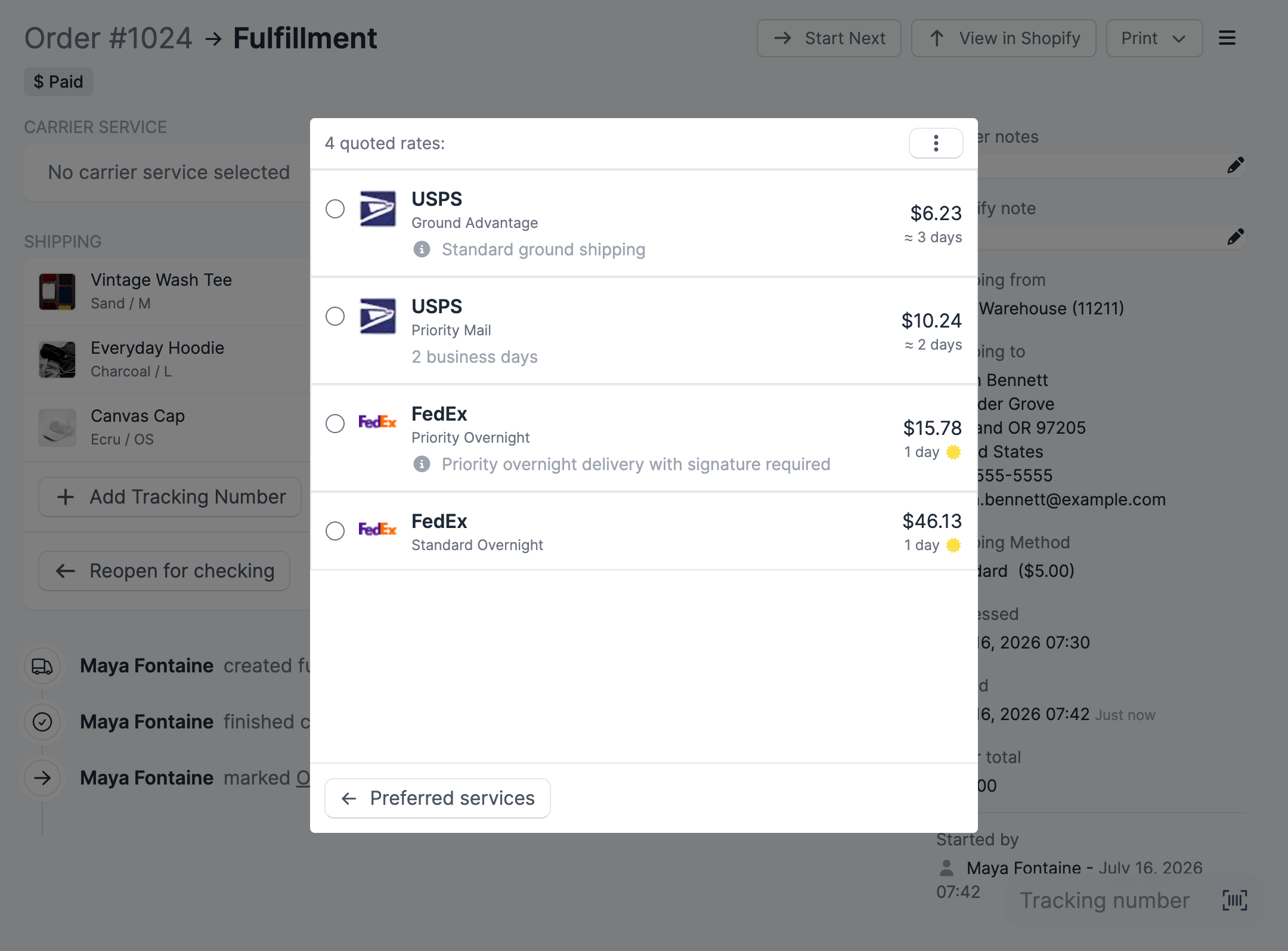 The fetched shipping rates modal listing quoted services with prices and delivery estimates