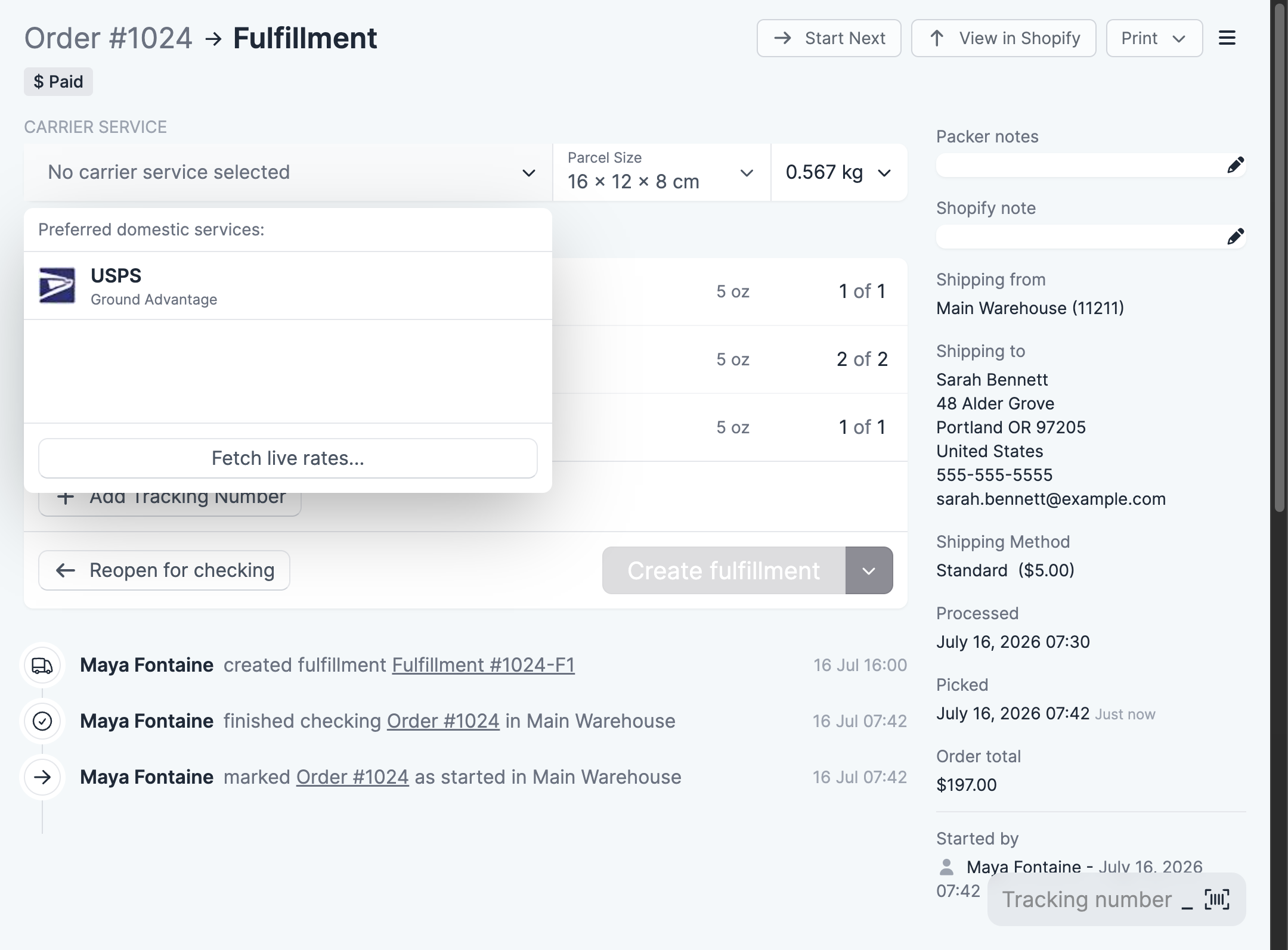 The carrier service dropdown open, showing preferred services and the Fetch live rates option