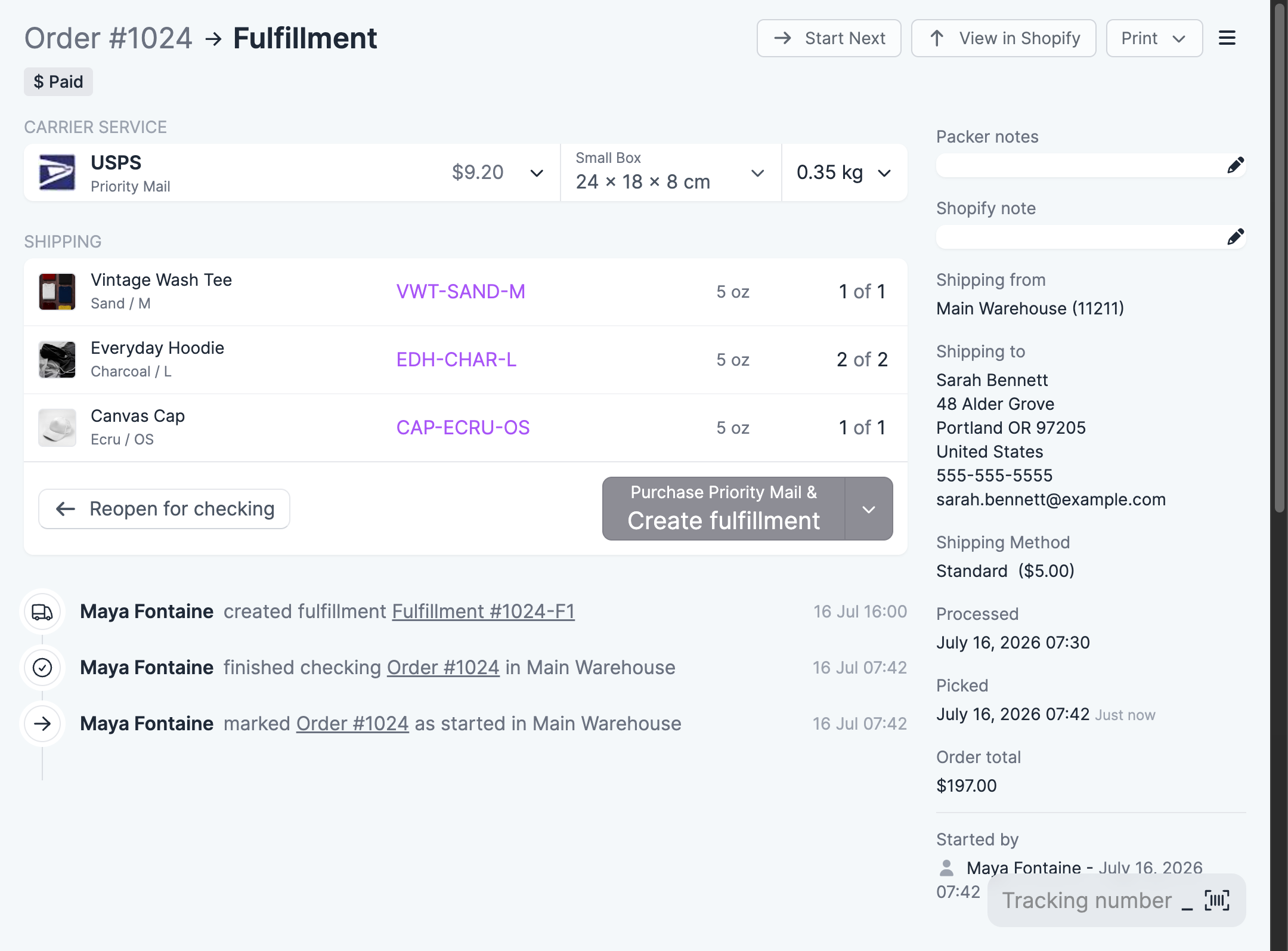 The Carrier Service section at the top of the Ship page showing the selected service, parcel size and weight