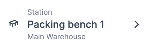 The station in the navigation menu, showing Packing bench 1 and the location Main Warehouse