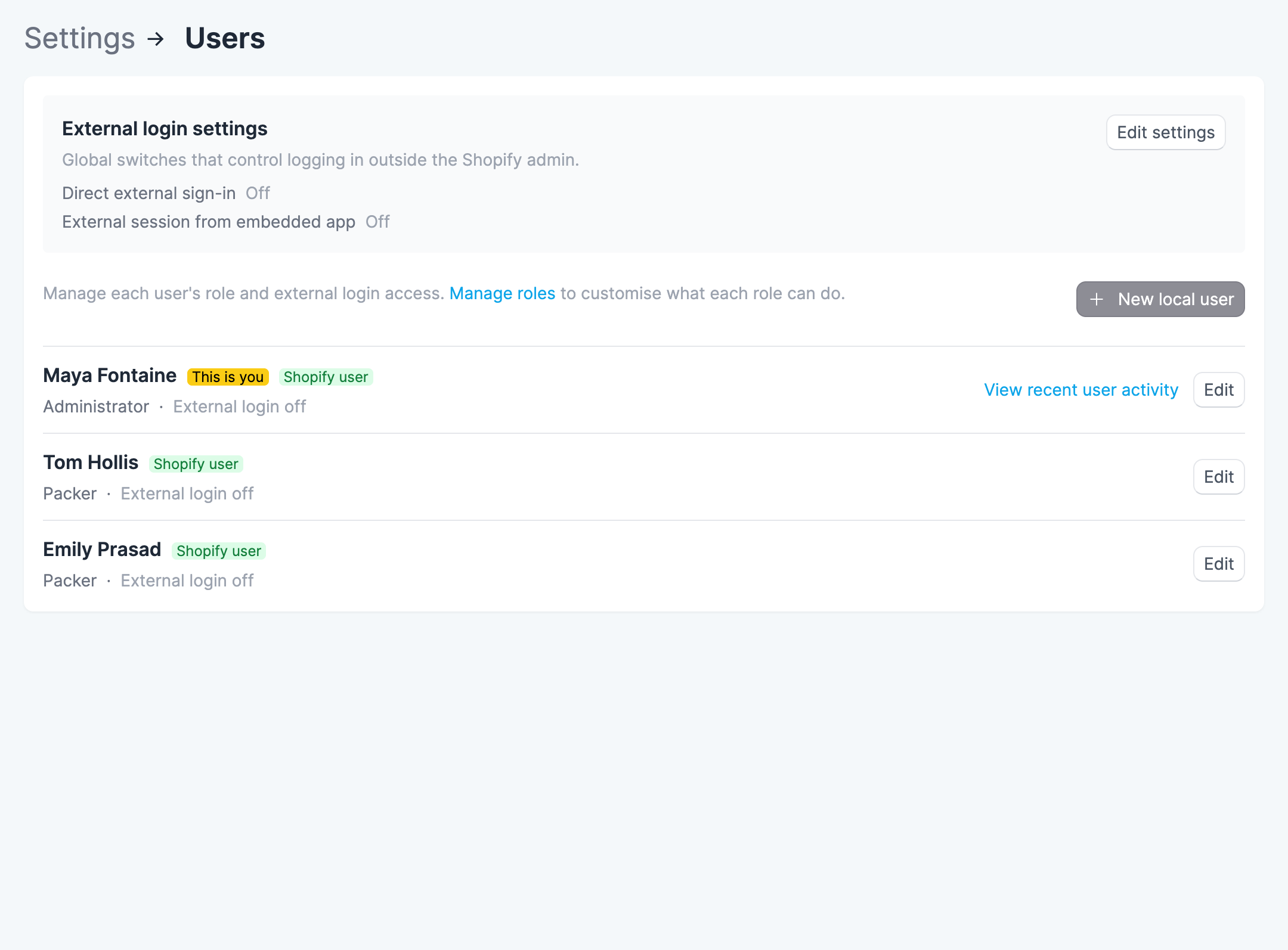 Settings > Users page showing a list of users with their role and an Edit button