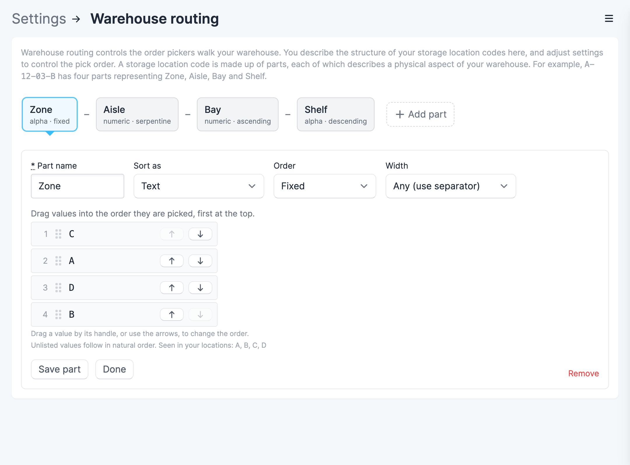A four-part Zone / Aisle / Bay / Shelf routing format
