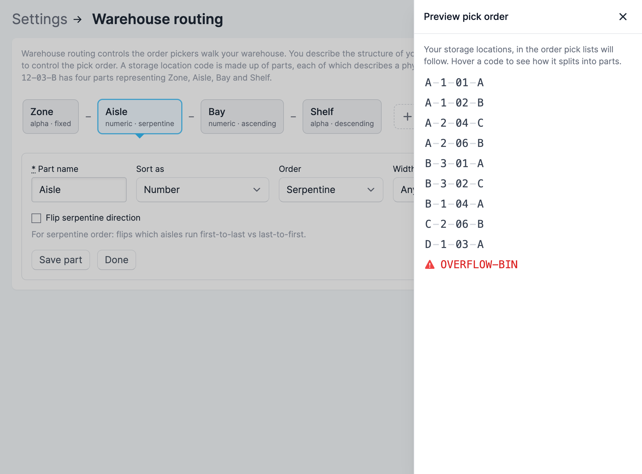 The pick order preview panel listing storage locations in pick order